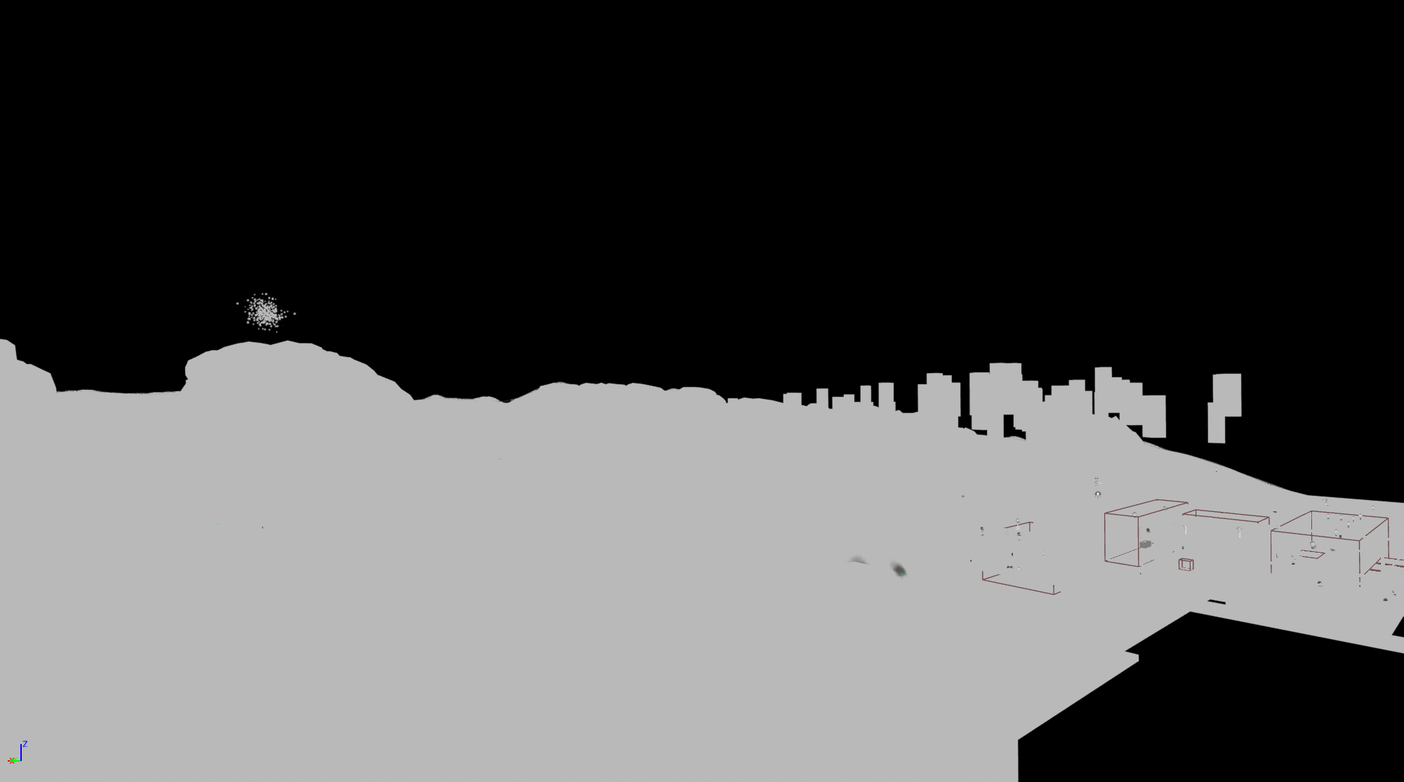 Greyscale render pass highlighting terrain silhouettes and modular building layout