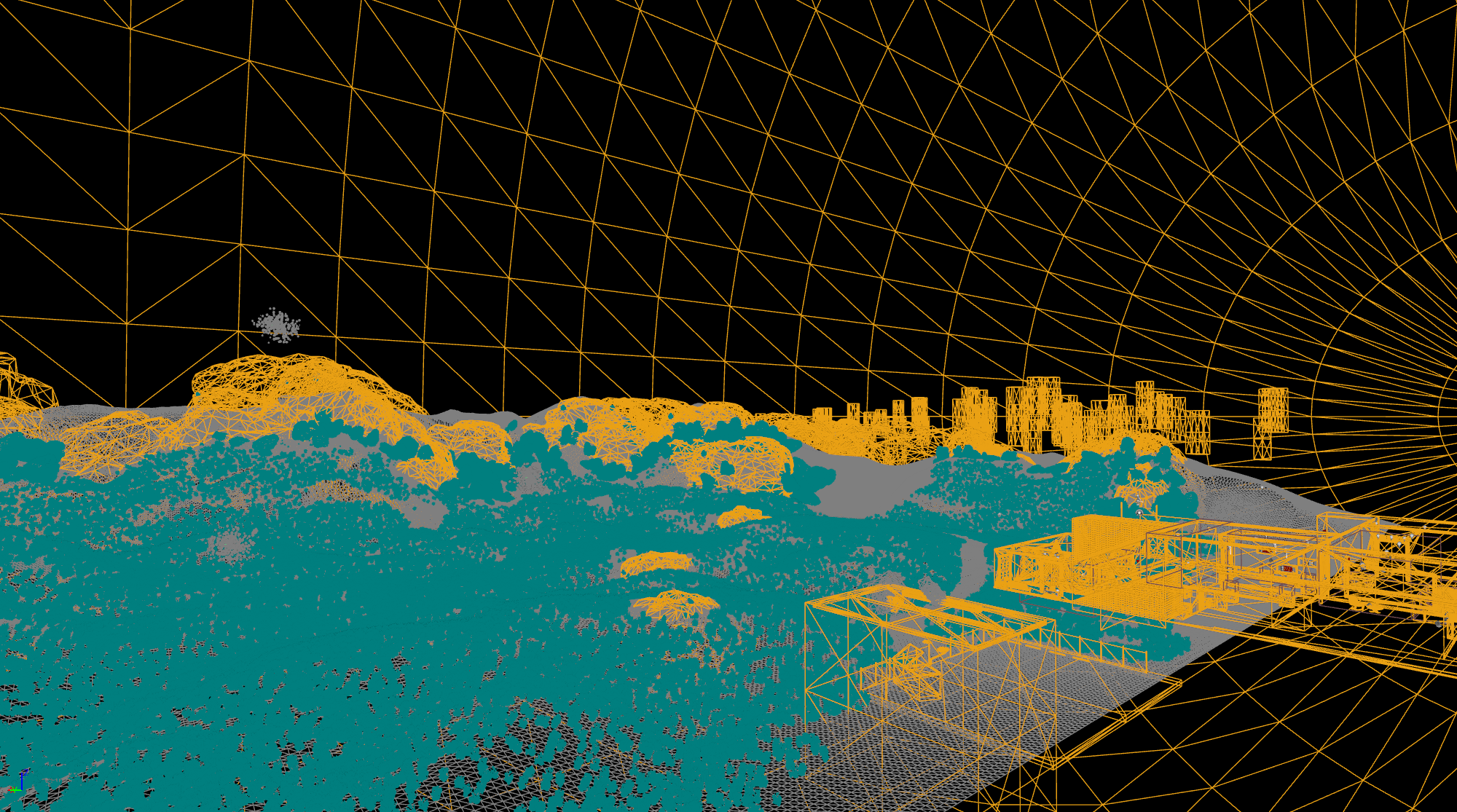 Wireframe view of Four Lights scene with terrain and modular building structures