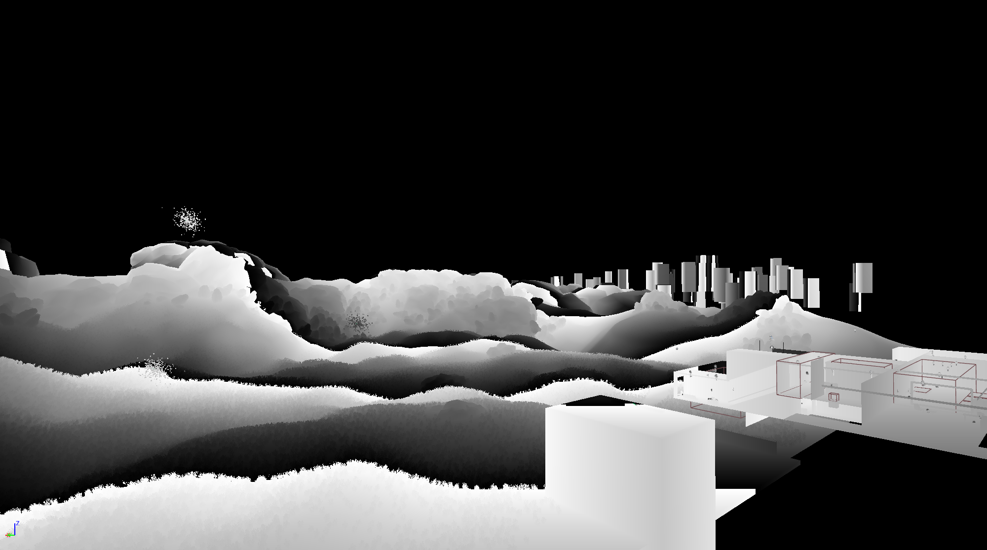 Unlit debug view of terrain and building layout in Four Lights level