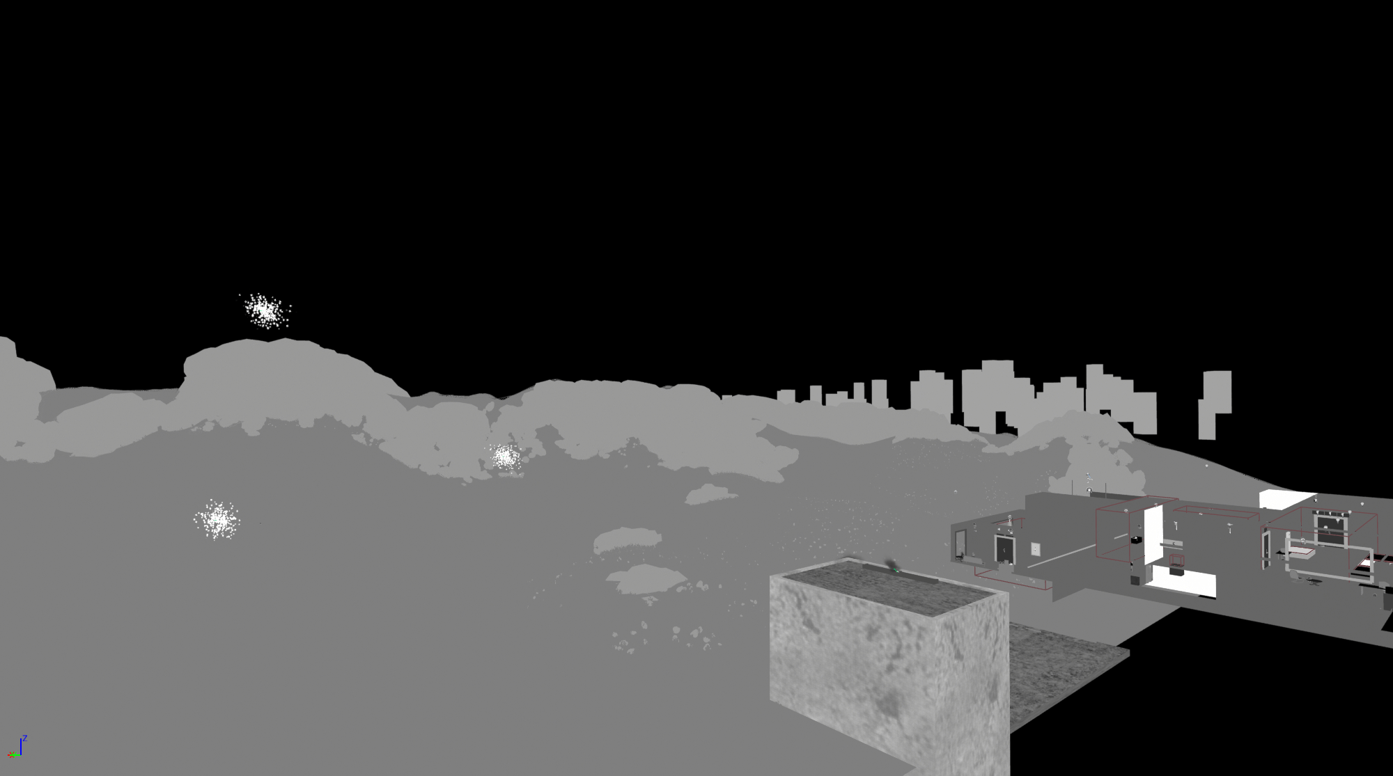 Material debug pass showing terrain and architecture color-coded by type