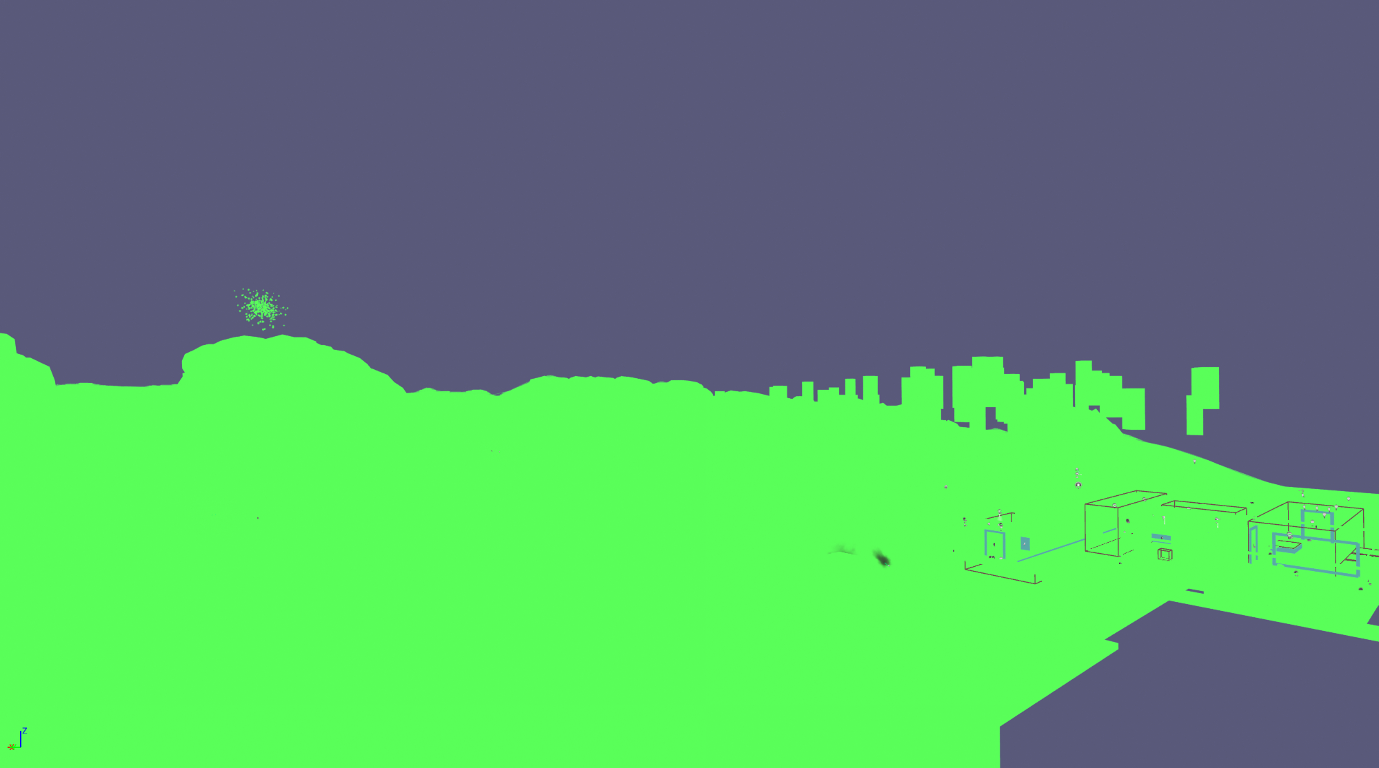 Shader complexity view showing material cost on terrain and buildings