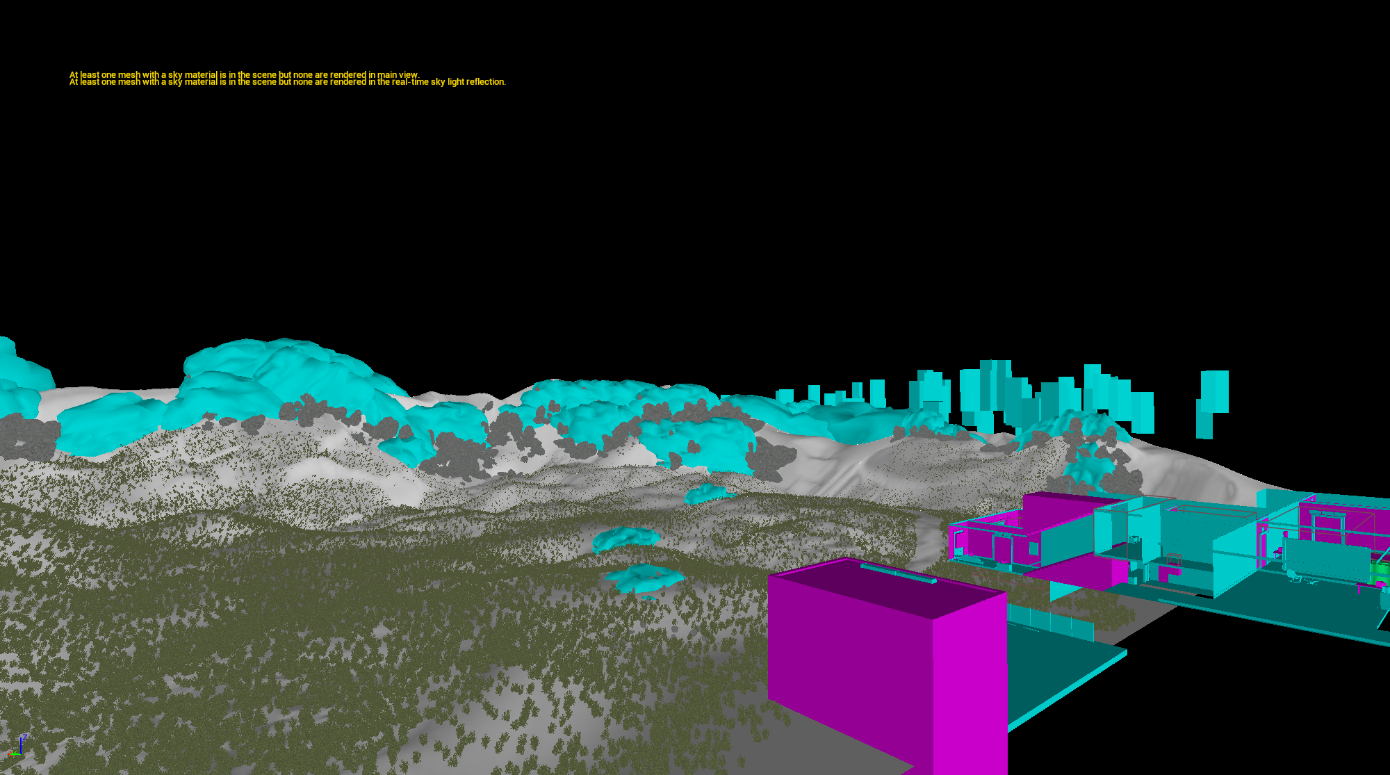 Depth buffer visual pass with gradient view of terrain and distant structures