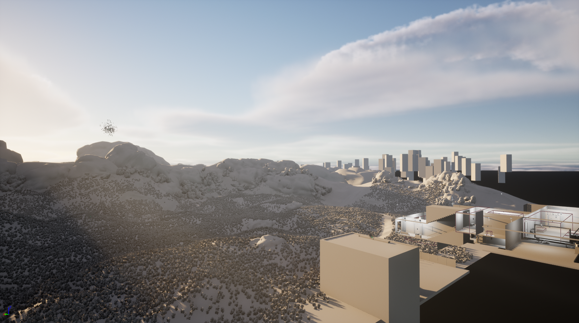 Golden hour render showing fog layers and reflective terrain in Four Lights