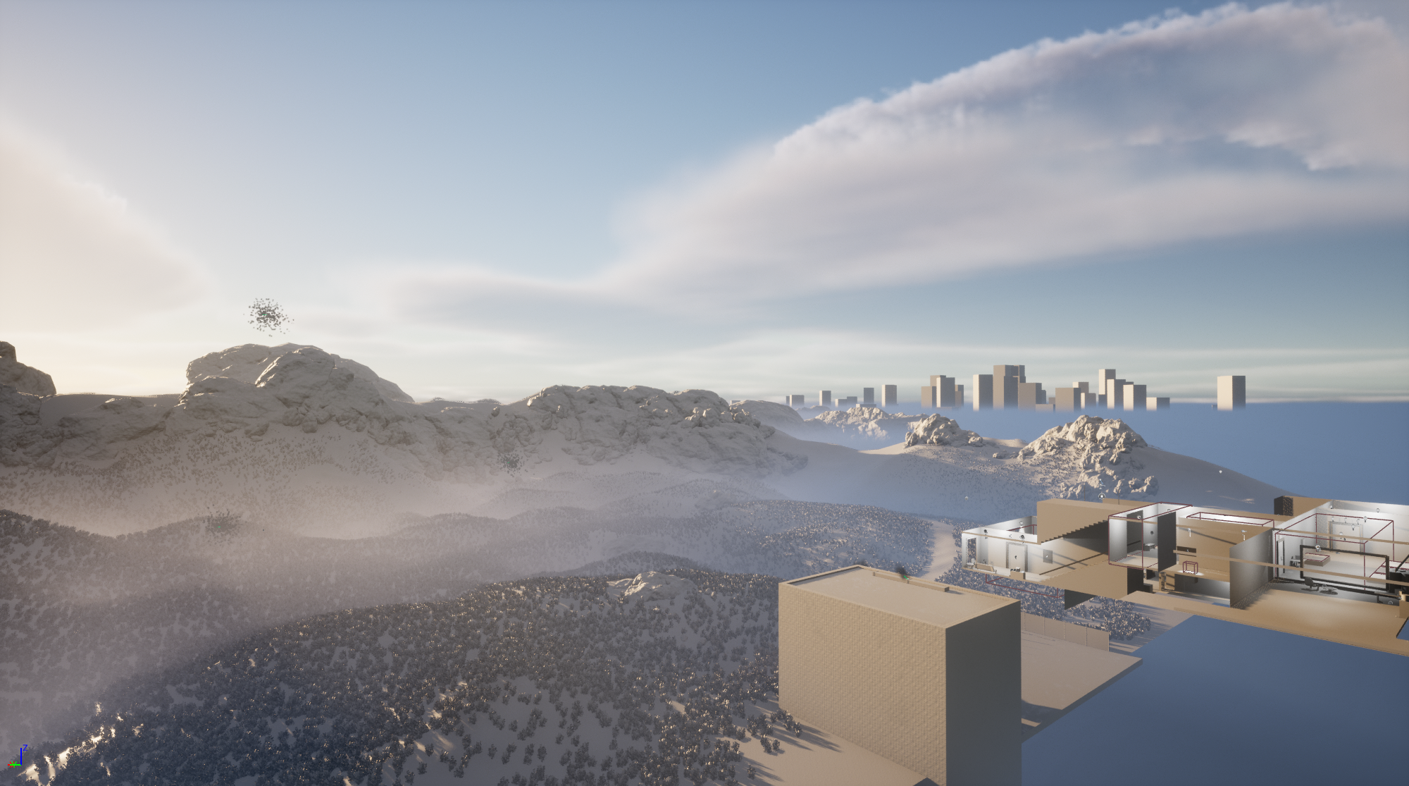 Daylight scene showcasing base terrain geometry and early material pass