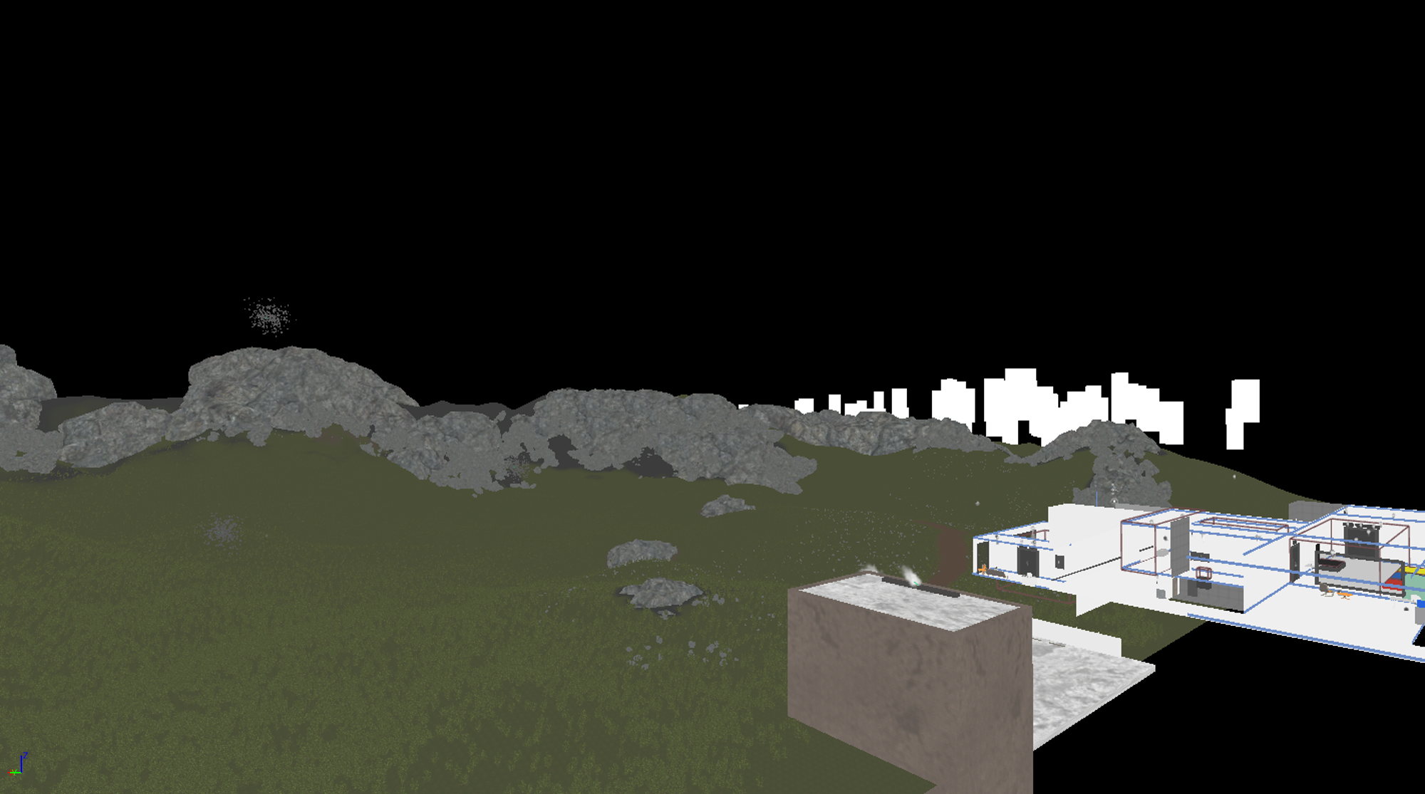 Unlit environment render showing terrain foliage and proxy skyline geometry