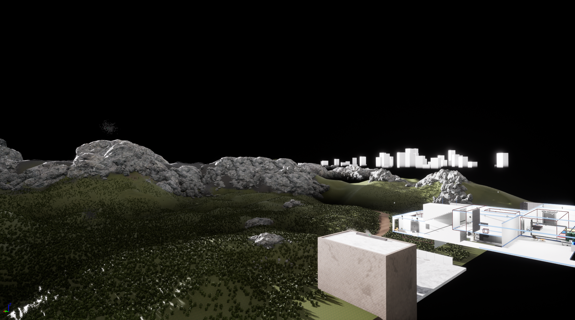 Unlit geometry view showing environment layout and architectural shell