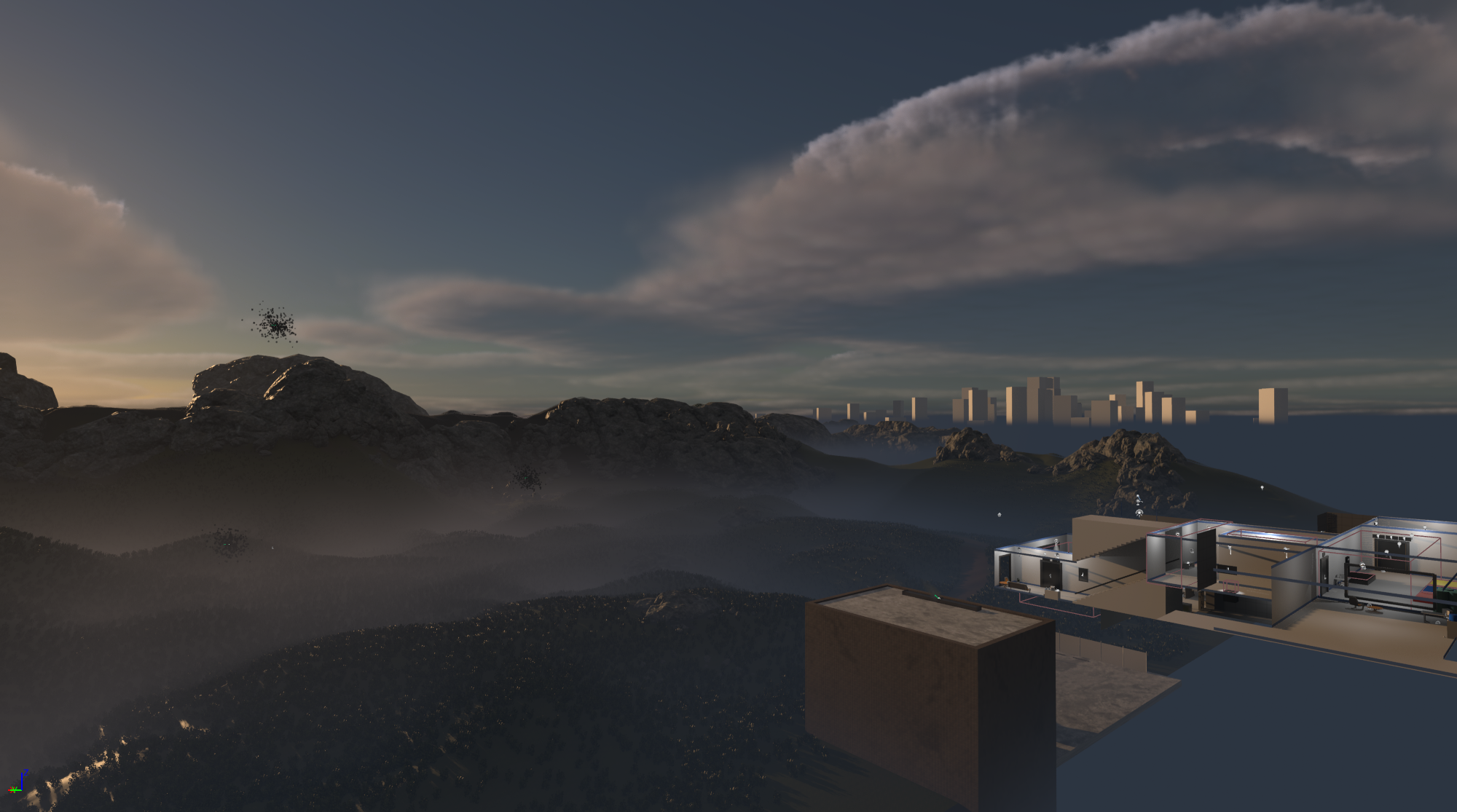 Final Four Lights scene with white terrain materials and bright ambient sky